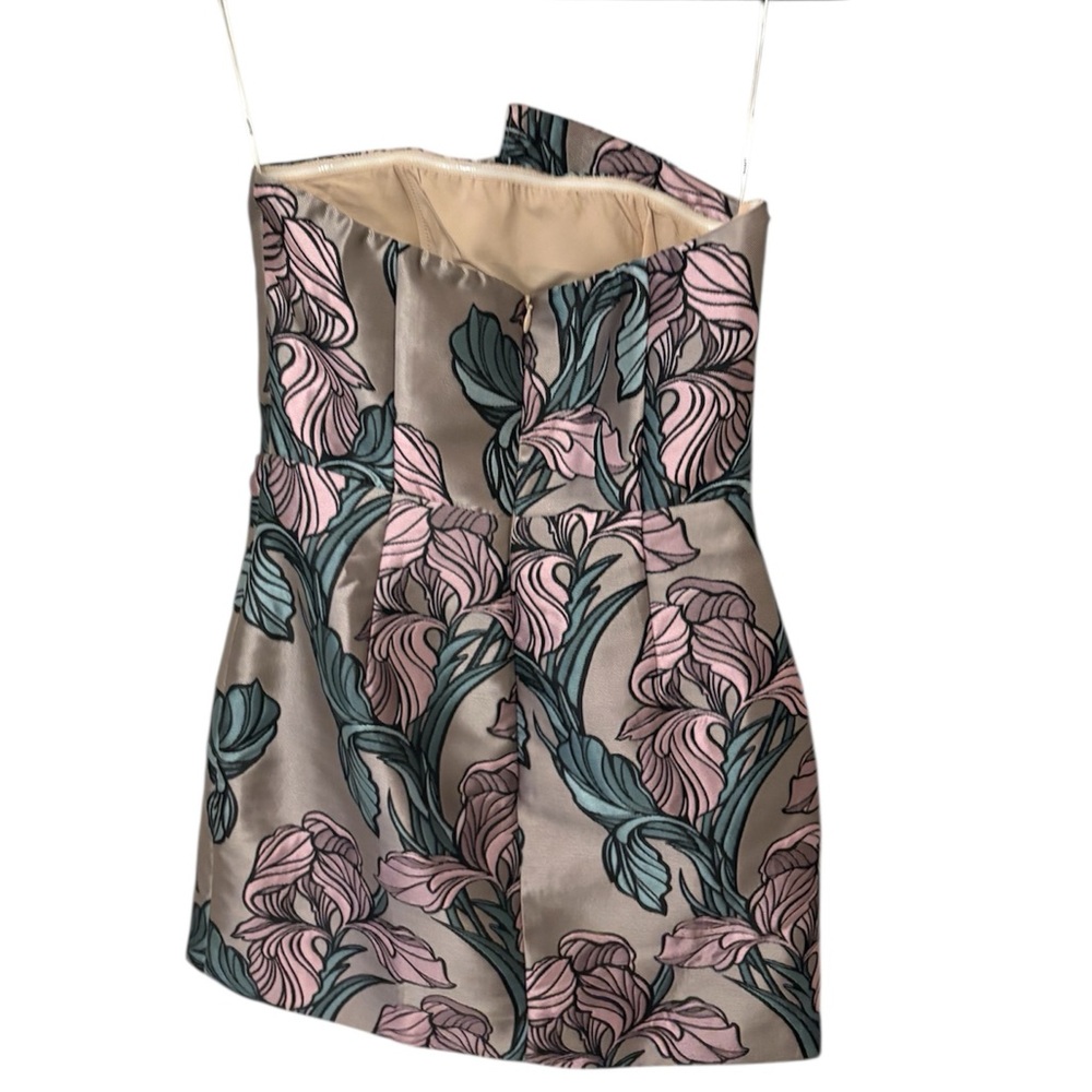 Elliatt Strapless Floral Jacquard Mini Dress in Pink and Green on Taupe - Picture 2 of 4